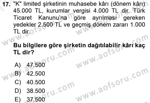 Muhasebe Uygulamaları Dersi 2016 - 2017 Yılı (Final) Dönem Sonu Sınavı 17. Soru