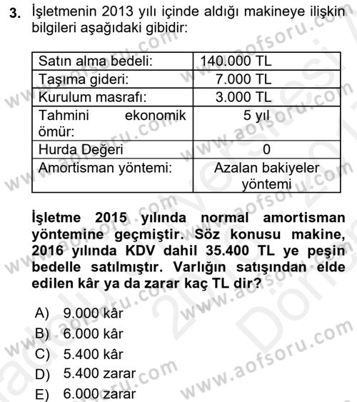 Muhasebe Uygulamaları Dersi 2016 - 2017 Yılı (Final) Dönem Sonu Sınavı 3. Soru