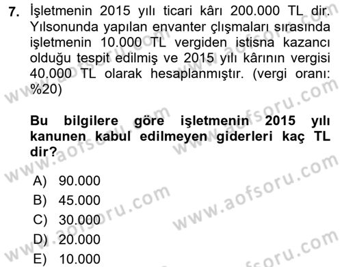 Muhasebe Uygulamaları Dersi 2016 - 2017 Yılı (Final) Dönem Sonu Sınavı 7. Soru