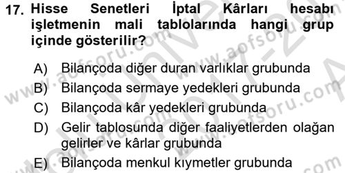 Muhasebe Uygulamaları Dersi 2017 - 2018 Yılı (Vize) Ara Sınavı 17. Soru