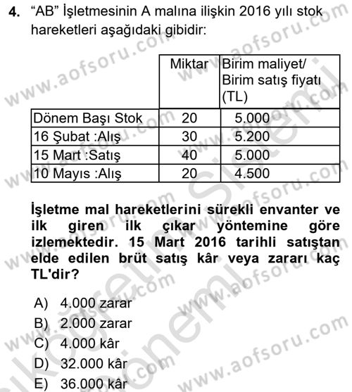 Muhasebe Uygulamaları Dersi 2017 - 2018 Yılı (Vize) Ara Sınavı 4. Soru