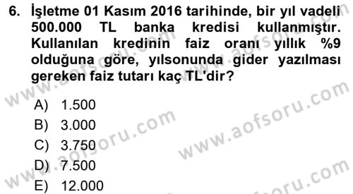 Muhasebe Uygulamaları Dersi 2017 - 2018 Yılı (Vize) Ara Sınavı 6. Soru