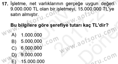 Muhasebe Uygulamaları Dersi 2017 - 2018 Yılı (Final) Dönem Sonu Sınavı 17. Soru