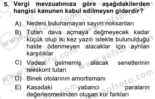 Muhasebe Uygulamaları Dersi 2017 - 2018 Yılı (Final) Dönem Sonu Sınavı 5. Soru