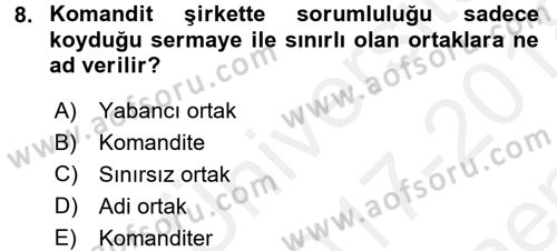 Muhasebe Uygulamaları Dersi 2017 - 2018 Yılı (Final) Dönem Sonu Sınavı 8. Soru