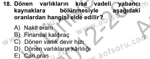 Mali Analiz Dersi 2012 - 2013 Yılı (Vize) Ara Sınav Soruları 18. Soru