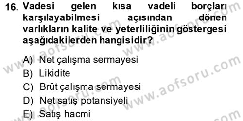 Mali Analiz Dersi 2013 - 2014 Yılı (Vize) Ara Sınav Soruları 16. Soru