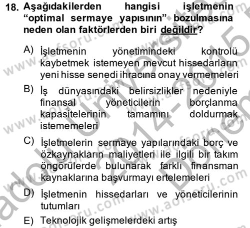 Mali Analiz Dersi 2014 - 2015 Yılı (Final) Dönem Sonu Sınav Soruları 18. Soru