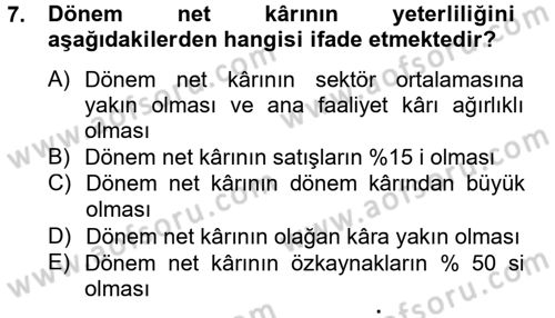 Mali Analiz Dersi 2014 - 2015 Yılı Tek Ders Sınav Soruları 7. Soru