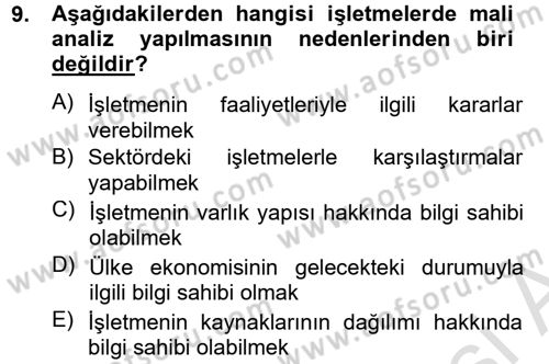 Mali Analiz Dersi 2014 - 2015 Yılı Tek Ders Sınav Soruları 9. Soru