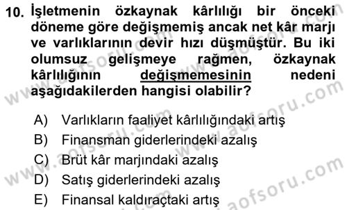 Mali Analiz Dersi 2015 - 2016 Yılı (Final) Dönem Sonu Sınav Soruları 10. Soru
