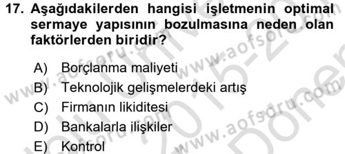 Mali Analiz Dersi 2015 - 2016 Yılı (Final) Dönem Sonu Sınav Soruları 17. Soru