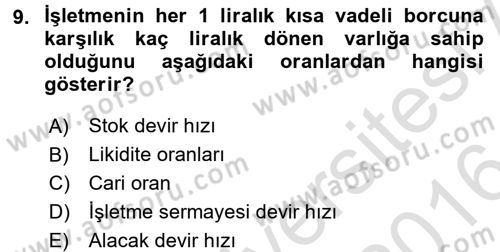 Mali Analiz Dersi 2015 - 2016 Yılı (Final) Dönem Sonu Sınav Soruları 9. Soru