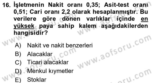 Mali Analiz Dersi 2015 - 2016 Yılı Tek Ders Sınavı 16. Soru