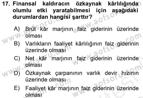 Mali Analiz Dersi 2015 - 2016 Yılı Tek Ders Sınavı 17. Soru