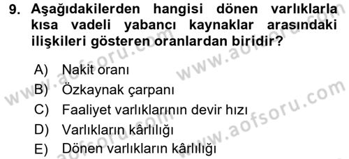 Mali Analiz Dersi 2015 - 2016 Yılı Tek Ders Sınavı 9. Soru