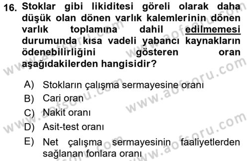Mali Analiz Dersi 2016 - 2017 Yılı (Final) Dönem Sonu Sınav Soruları 16. Soru