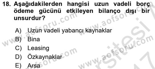 Mali Analiz Dersi 2016 - 2017 Yılı (Final) Dönem Sonu Sınav Soruları 18. Soru