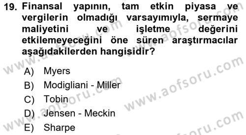 Mali Analiz Dersi 2016 - 2017 Yılı (Final) Dönem Sonu Sınav Soruları 19. Soru