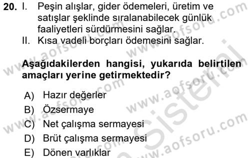 Mali Analiz Dersi 2016 - 2017 Yılı (Final) Dönem Sonu Sınav Soruları 20. Soru