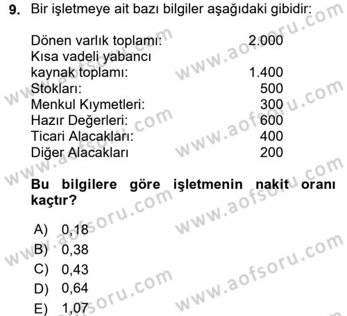 Mali Analiz Dersi 2016 - 2017 Yılı (Final) Dönem Sonu Sınav Soruları 9. Soru