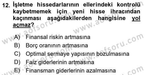 Mali Analiz Dersi 2017 - 2018 Yılı 3 Ders Sınavı 12. Soru