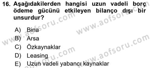 Mali Analiz Dersi 2017 - 2018 Yılı 3 Ders Sınavı 16. Soru