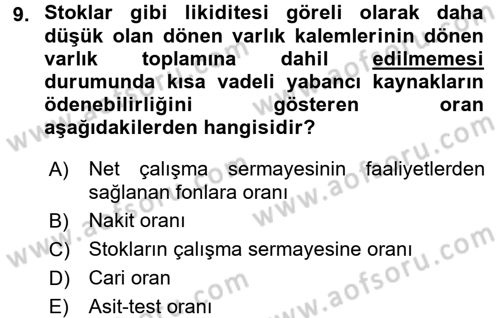 Mali Analiz Dersi 2017 - 2018 Yılı 3 Ders Sınavı 9. Soru