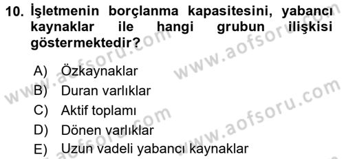 Mali Analiz Dersi 2017 - 2018 Yılı (Vize) Ara Sınavı 10. Soru