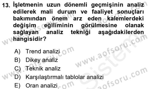 Mali Analiz Dersi 2017 - 2018 Yılı (Vize) Ara Sınavı 13. Soru