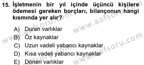 Mali Analiz Dersi 2017 - 2018 Yılı (Vize) Ara Sınavı 15. Soru