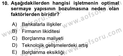 Mali Analiz Dersi 2017 - 2018 Yılı (Final) Dönem Sonu Sınav Soruları 10. Soru