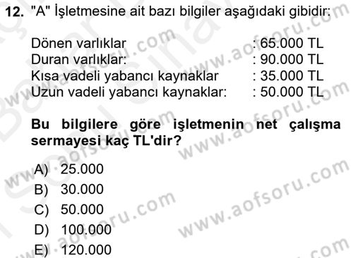 Mali Analiz Dersi 2017 - 2018 Yılı (Final) Dönem Sonu Sınavı 12. Soru