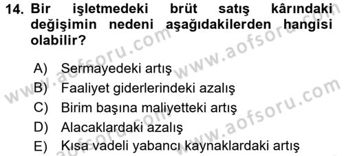 Mali Analiz Dersi 2017 - 2018 Yılı (Final) Dönem Sonu Sınavı 14. Soru