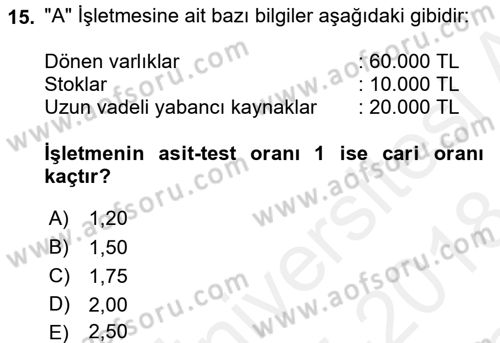 Mali Analiz Dersi 2017 - 2018 Yılı (Final) Dönem Sonu Sınav Soruları 15. Soru