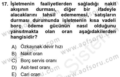 Mali Analiz Dersi 2017 - 2018 Yılı (Final) Dönem Sonu Sınav Soruları 17. Soru
