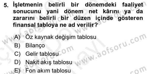 Mali Analiz Dersi 2017 - 2018 Yılı (Final) Dönem Sonu Sınav Soruları 5. Soru