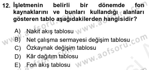 Mali Analiz Dersi 2018 - 2019 Yılı (Vize) Ara Sınavı 12. Soru