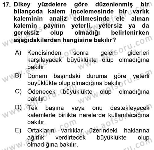 Mali Analiz Dersi 2018 - 2019 Yılı (Vize) Ara Sınavı 17. Soru