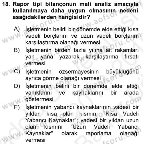 Mali Analiz Dersi 2018 - 2019 Yılı (Vize) Ara Sınavı 18. Soru