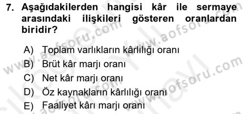 Mali Analiz Dersi 2018 - 2019 Yılı (Vize) Ara Sınavı 7. Soru