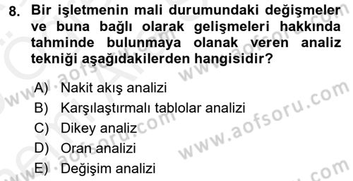 Mali Analiz Dersi 2018 - 2019 Yılı (Vize) Ara Sınavı 8. Soru