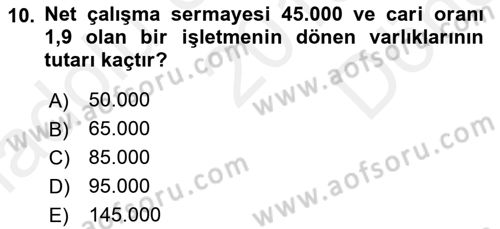 Mali Analiz Dersi 2018 - 2019 Yılı (Final) Dönem Sonu Sınavı 10. Soru