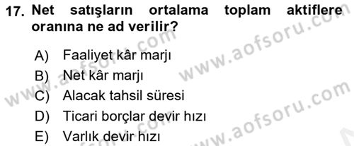 Mali Analiz Dersi 2018 - 2019 Yılı (Final) Dönem Sonu Sınavı 17. Soru