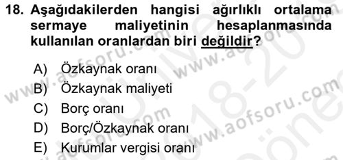 Mali Analiz Dersi 2018 - 2019 Yılı (Final) Dönem Sonu Sınavı 18. Soru