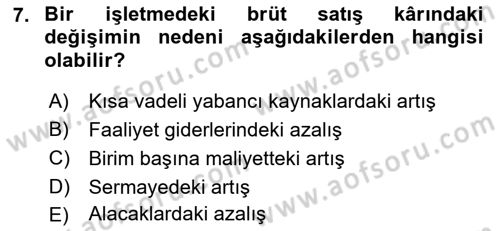 Mali Analiz Dersi 2018 - 2019 Yılı (Final) Dönem Sonu Sınavı 7. Soru