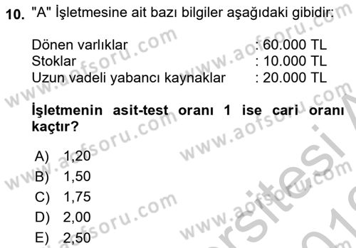 Mali Analiz Dersi 2018 - 2019 Yılı Yaz Okulu Sınav Soruları 10. Soru