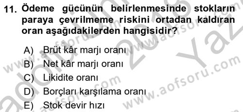 Mali Analiz Dersi 2018 - 2019 Yılı Yaz Okulu Sınav Soruları 11. Soru