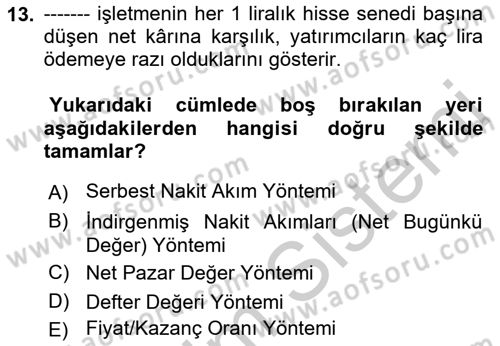 Mali Analiz Dersi 2018 - 2019 Yılı Yaz Okulu Sınav Soruları 13. Soru