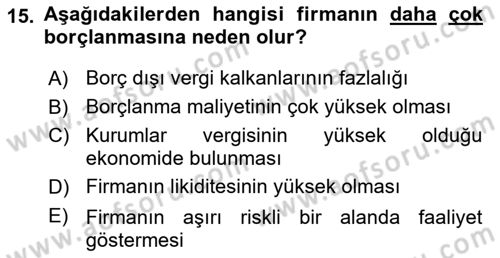 Mali Analiz Dersi 2018 - 2019 Yılı Yaz Okulu Sınav Soruları 15. Soru